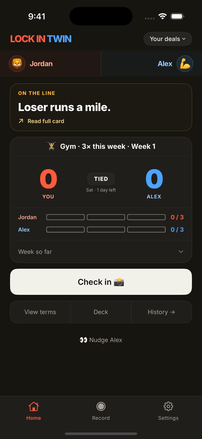 Lock In Twin’s home screen. Jordan and Alex are tied 0 to 0 on Gym, three times this week, with “Loser runs a mile.” on the line.